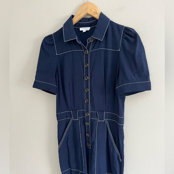 A LOVES A blue contrast stitch retro inspired wide leg button front jumpsuit - Picture 3 of 9